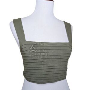 Animale Jeans Olive Green Pleated Ribbed Crop Top Square Neck Size P Small